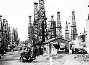 historic photo of signal hill oil derricks circa 1930