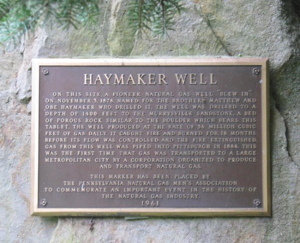 A plaque commemorating the 1878 Haymaker natural gas well in Pennsylvania.
