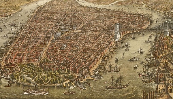 “Bird’s-eye view” illustration of New York and Brooklyn in 1873.