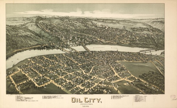 Thaddeus Fowler panorama of Oil City, Pennsylvania, in 1896.