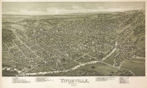An 1896 "aero view" map of Titusville, Pennsylvania, by Thaddeus M. Fowler, courtesy Library of Congress.