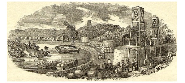 42 gallon oil barrel stock certificate vignette of barrels, tanks, and steam train.