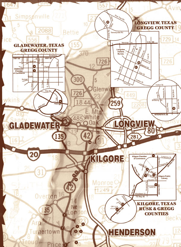 Map of giant East Texas oilfield and discovery well sites in three countries.