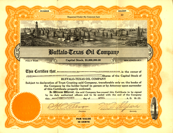 Buffalo-Texas Oil Company 1922  old stock certificate.