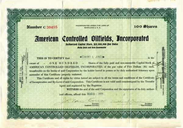 Stock certificate for American Controlled Oilfields Inc.