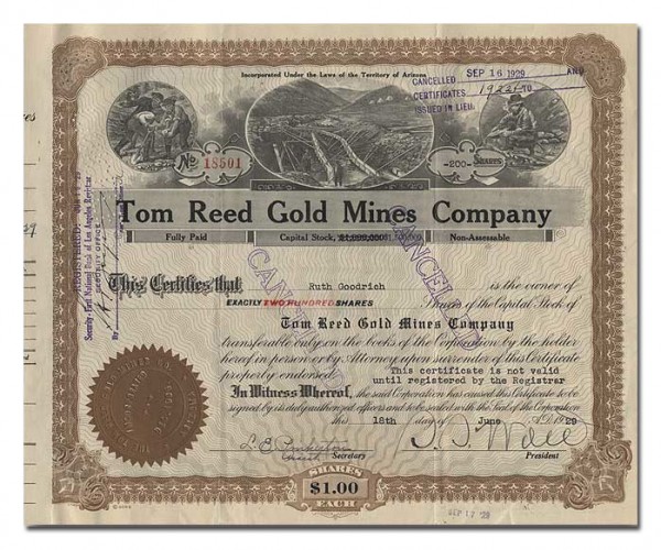 Tom Reed Gold Mines Company stock certificate.