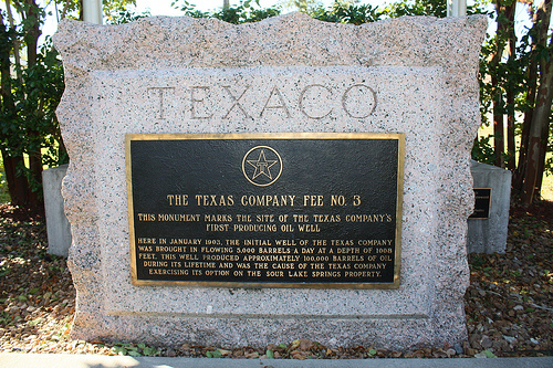 A monument marks the site where the Fee No. 3 well flowed at 5,000 barrels of oil a day in 1903, helping the Texas Company become Texaco.