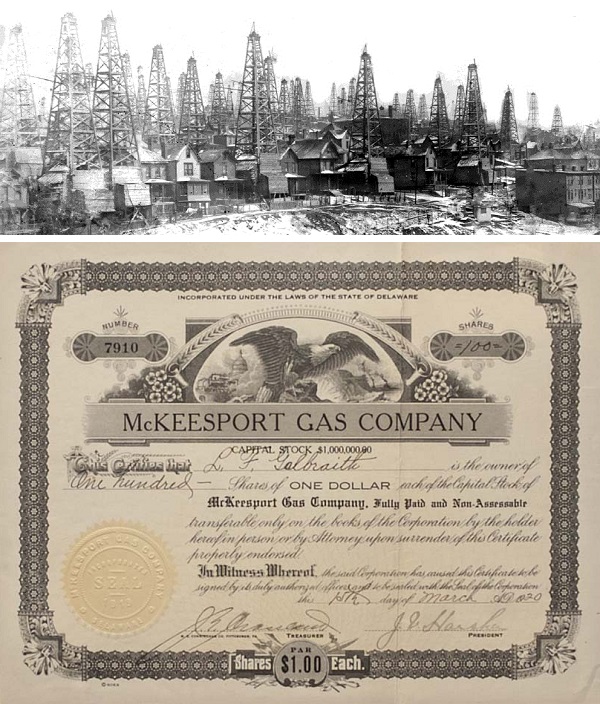 McKeesport ,PA, drilling derricks and a McKeesport Gas Company stock certificate.