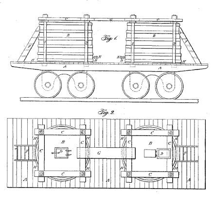 Patent drawing of Densmore Oil Tank Car that briefly revolutionized transportation of oil.