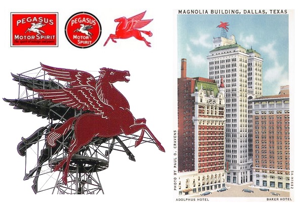 Postcard of Magnolia Building in Dallas with red Pegasus logo.