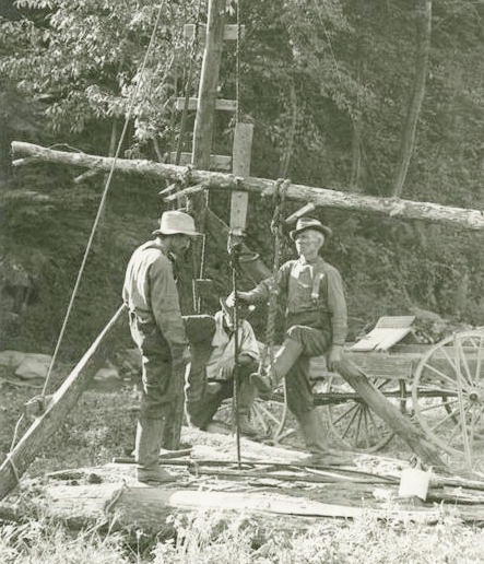 Spring-pole drilling scene from “The World Struggle for Oil,” a 1924 film by the Department of the Interior.