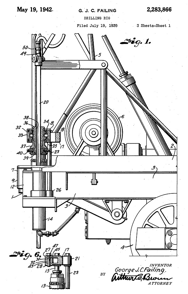 George Failing portable drilling rig patent drawing.