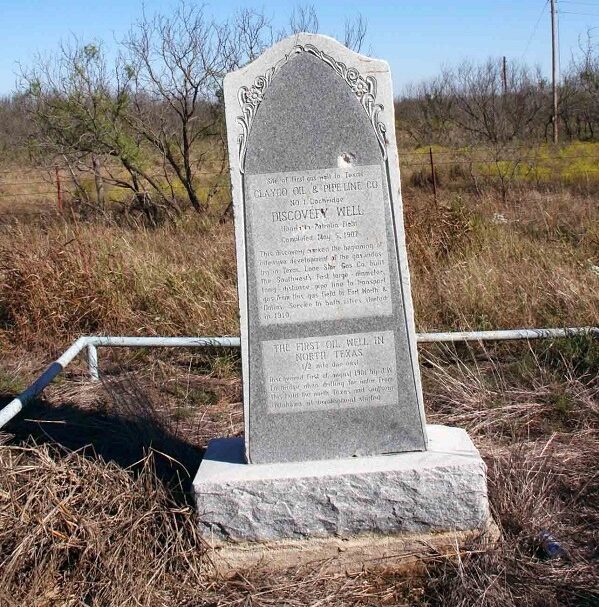 Clayco Oil and Pipeline Company's stone marker on Texas Highway 148 just south of Petrolia.