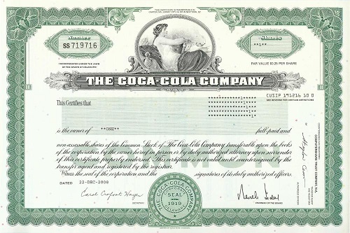 An old stock certificate of the Coca-Cola Company.
