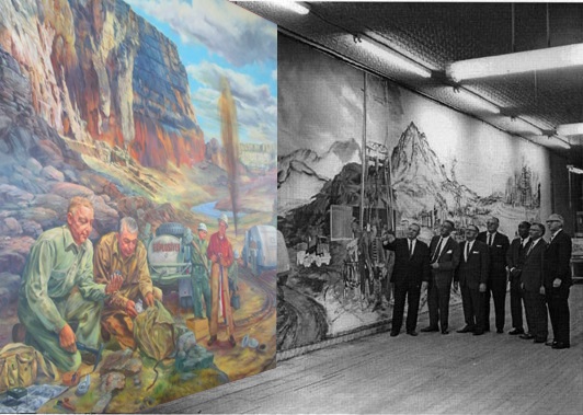 Combined images of 1967 Hall of Petroleum mural seen before completed