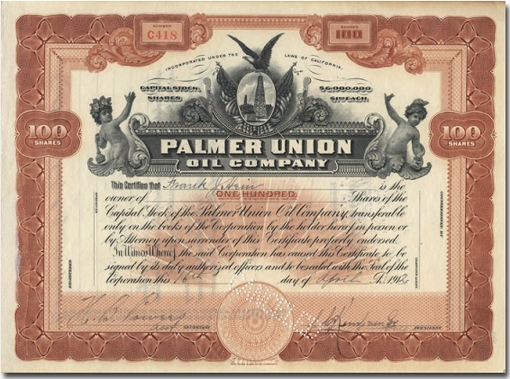 Palmer Union Oil Company stock certificate from 1927.