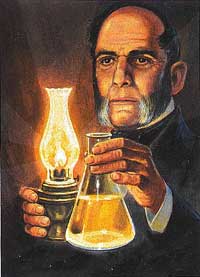 Abraham Gesner holds a kerosene lamp in a Canadian commemorative stamp.