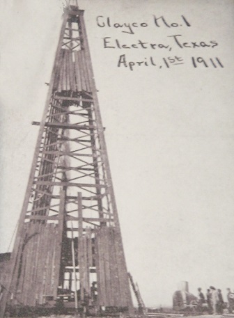 Sepia tone photo of Clayco No. 1 discovery oil well of April 1, 1911.