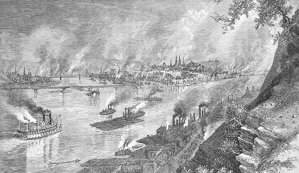 An 1877 view of a smoky Pittsburgh looking up the Ohio River.