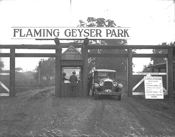 South of Seattle, Washington, a 1911 test well for coal erupted after striking coalbed methane gas, which ignited and became a tourist attraction. The once privately owned park is now part of the 480-acre Flaming Geyser State Park.