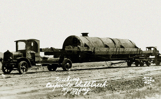 Oil tank truck in Wyoming oilfield circa 1925