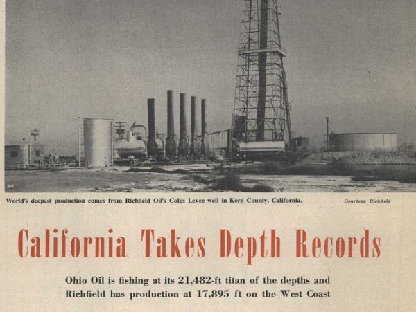 January 1954 trade magazine headline of record oil well depths in California.