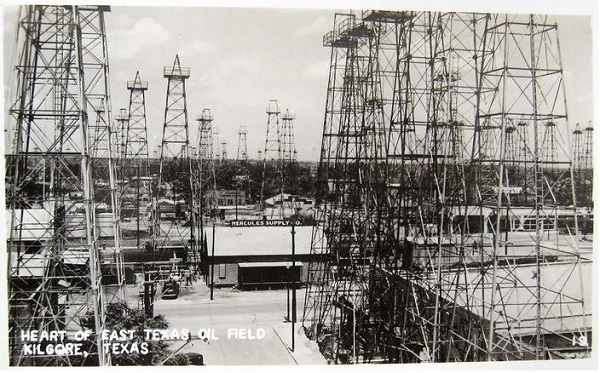 Rows of oil well derricks in downtown Kilgore, the heart of the East Texas oilfield, circa 1930s.