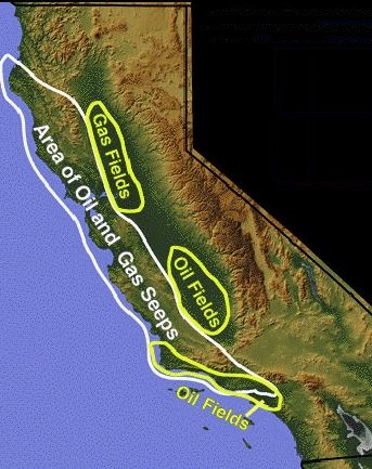  Most of California's major oil and gas fields (known from drilled wells) are in the three areas outlined on this 2010 U.S. Geolgiocal Survey map. Natural seeps - producing tarballs - dominate the coastline. 