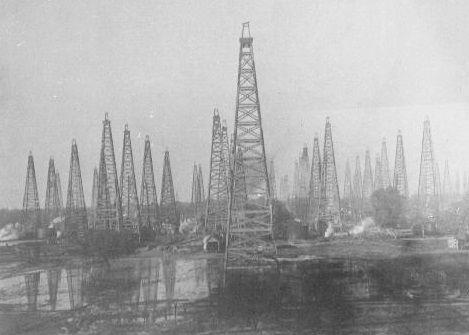 West Columbia Texas oilfield derricks, circa 1920s.