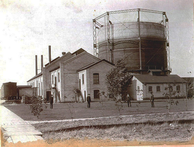 Tank and buildings of illuminating gas light manufacturing plant 1856