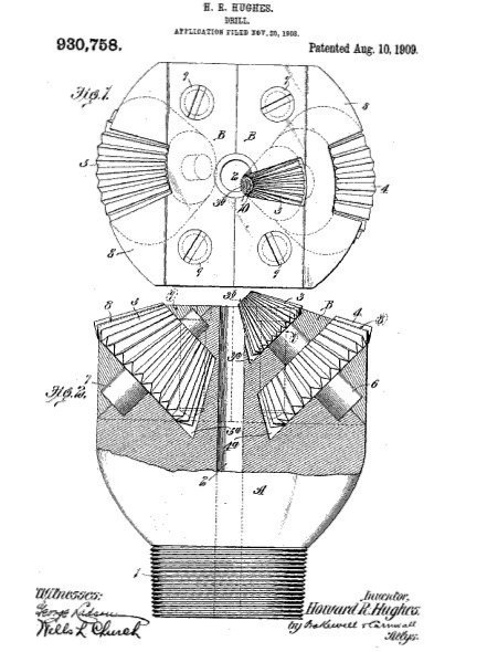 August 10, 1909, patent drawing for Howrd Hughes Sr. drill bit technology.