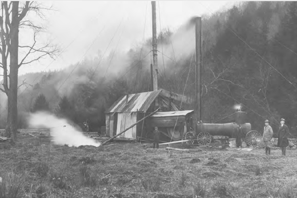 The Montrose Gas, Oil and Coal Company natural gas well of 1921. Although the Pennsylvania company failed, today beneath Susquehanna County lies the Marcellus Shale with an estimated 500 trillion cubic feet of natural gas. Photo courtesy of Susquehanna Historical Society, Horgan Collection.