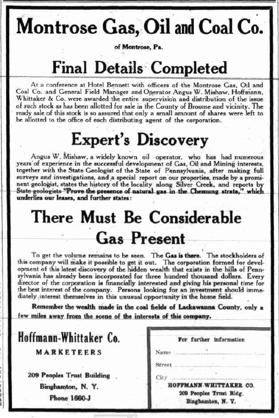 Although the company drilled a successful natural gas well, newspaper advertisements to raise capital did not attract enough investors.