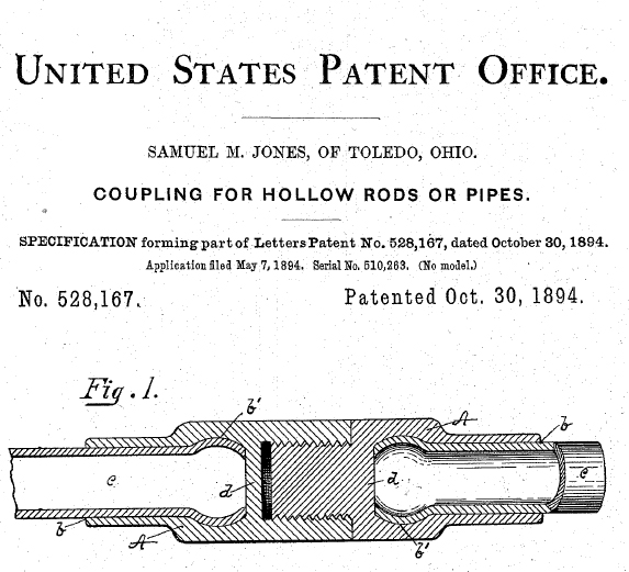 Samuel M. Jones 1894 patent drawing for coupling rods or pipes.