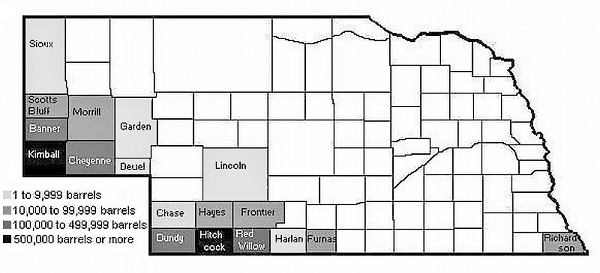 A map of Nebraska oil and natural bas producing counties.