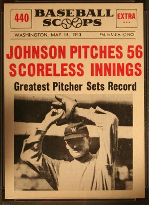 Tabloid "Baseball Scoops" features Walter Johnson pitching 56 scoreless innings in 1913.