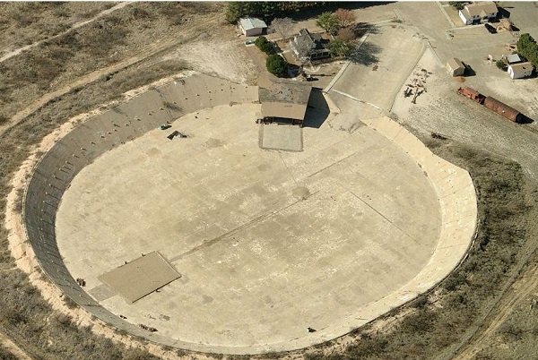 Monahans oil museum's  525 foot by 422 foot concrete tank seen from above.