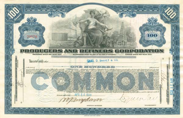 Producers and Refiners Corp. stock certificate