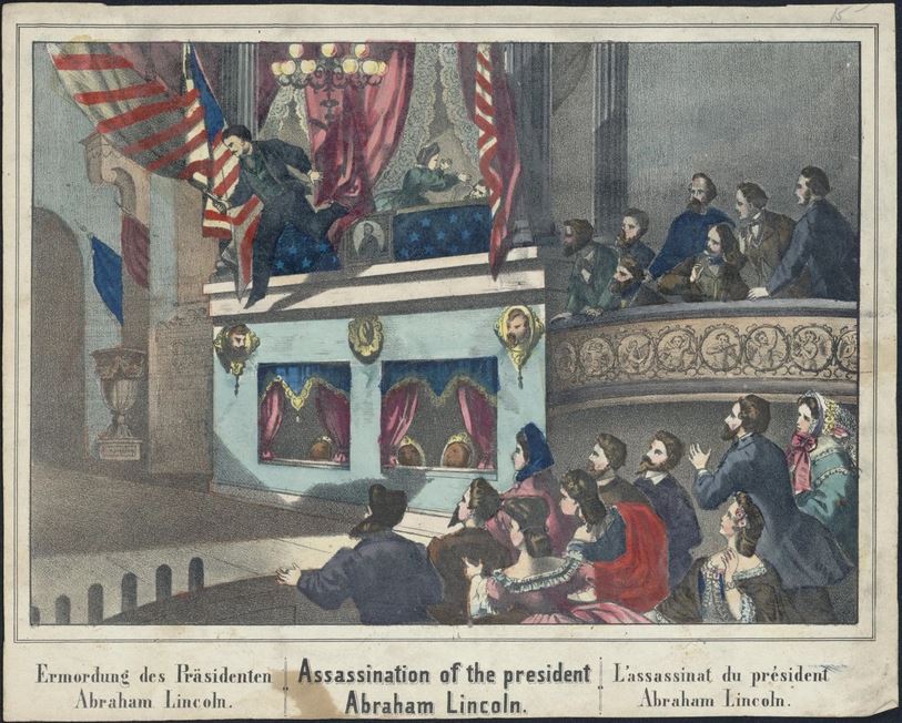 Lithograph of Ford's Theater scene with Booth jumping from balcony