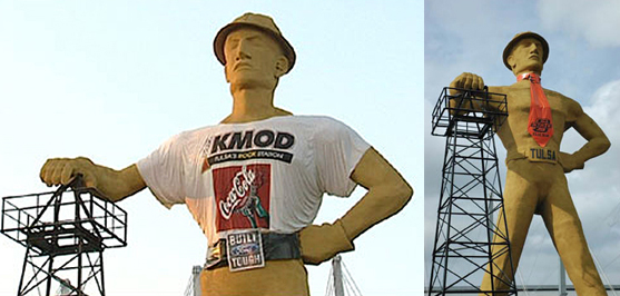 Golden driller statue with local advertising in Tulsa, OK.
