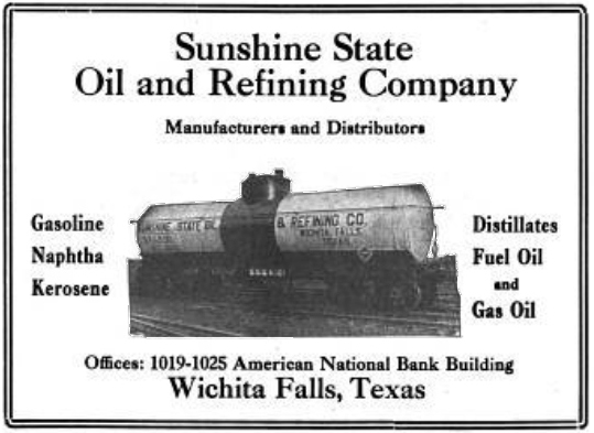 Ad for unshine State Oil & Refining Company features one of its railroad oil tank cars.
