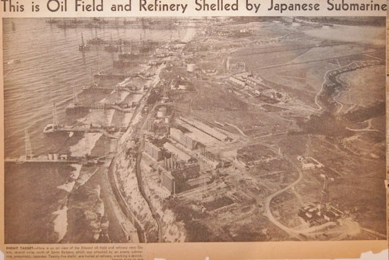 Newspaper clipping of refinery and Ellwood beach after 1942 shelling by a Japanese submarine.