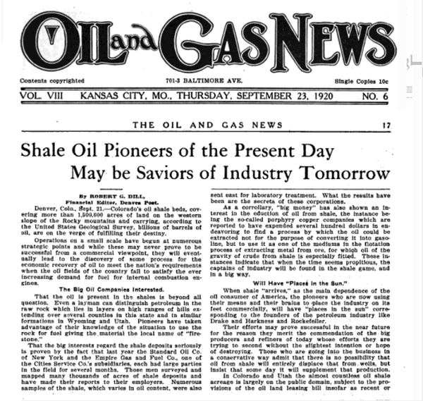 Ute oil shale article in 1920 Oil and Gas News