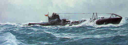 Painting of a Japanese sub  U-17, which shelled a California refinery in 1942.
