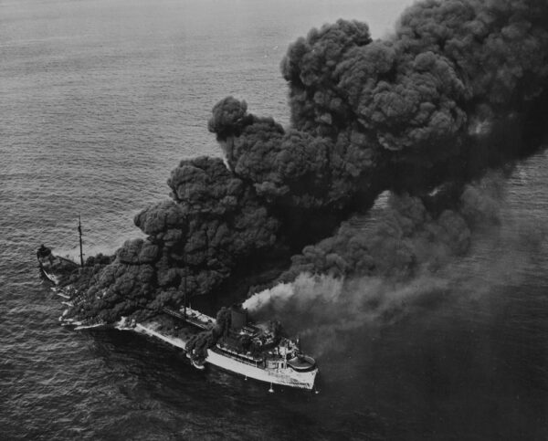 Burning oil U.S. oil tanker Pennsylvania Sun after U-boat attack in July 1942.