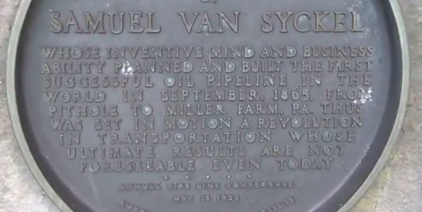 Samuel Van Syckel plaque on the grounds of the Drake Well Museum