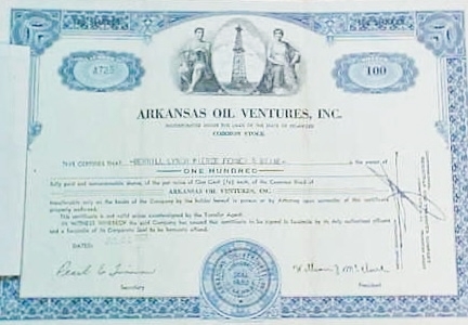Arkansas Oil Ventures 1952 stock certificate.