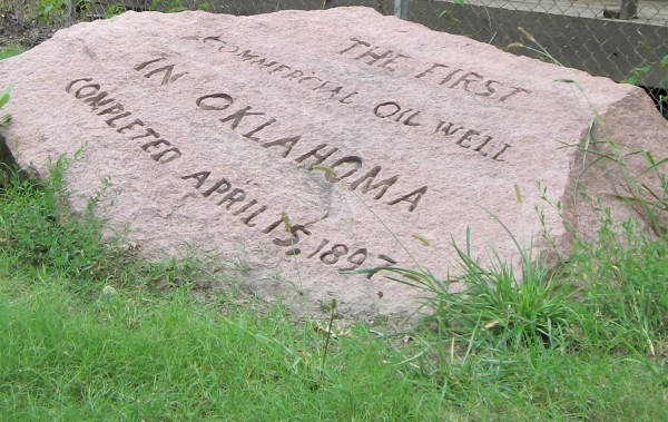 A granite rock marks the spot of the first Oklahoma oil well, the Nellie Johnstone No. 1.