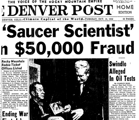 Denvber Post headline about "Saucer Scientist," October 14, 1952.