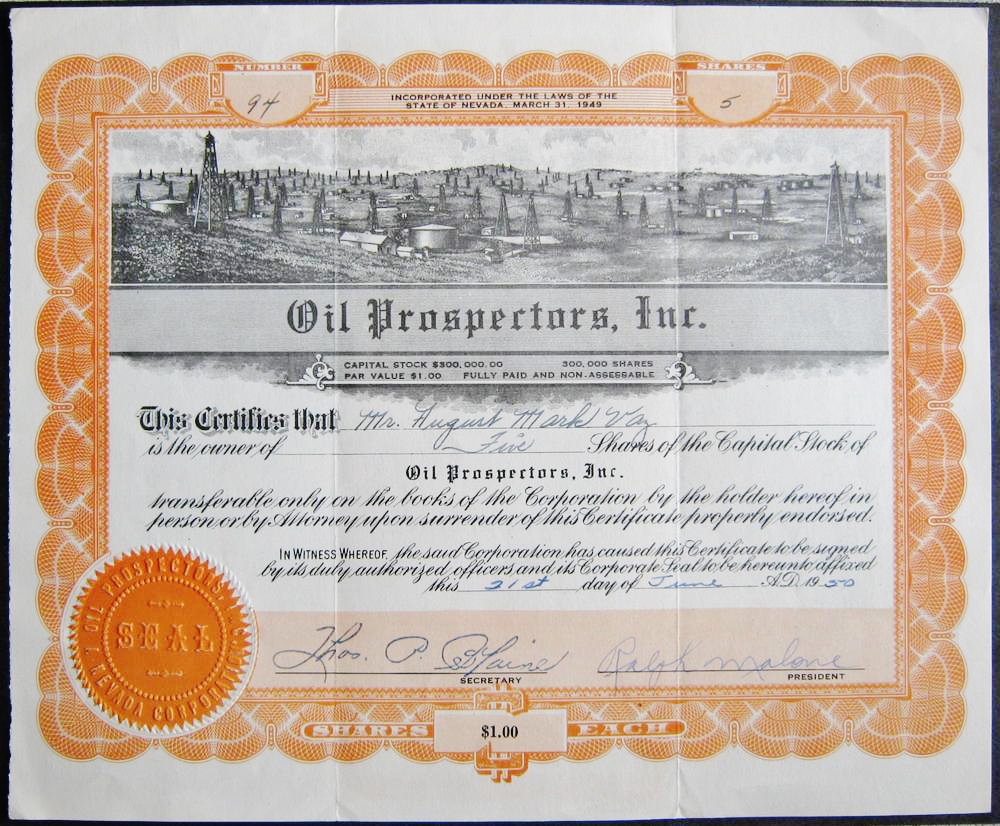 Old stock certificate for Oil Prospectors Inc. with derricks vignette.